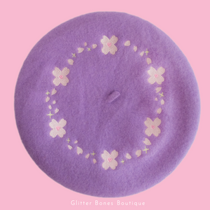 Sakura Cherry Blossom Embroidered Beret - Purple