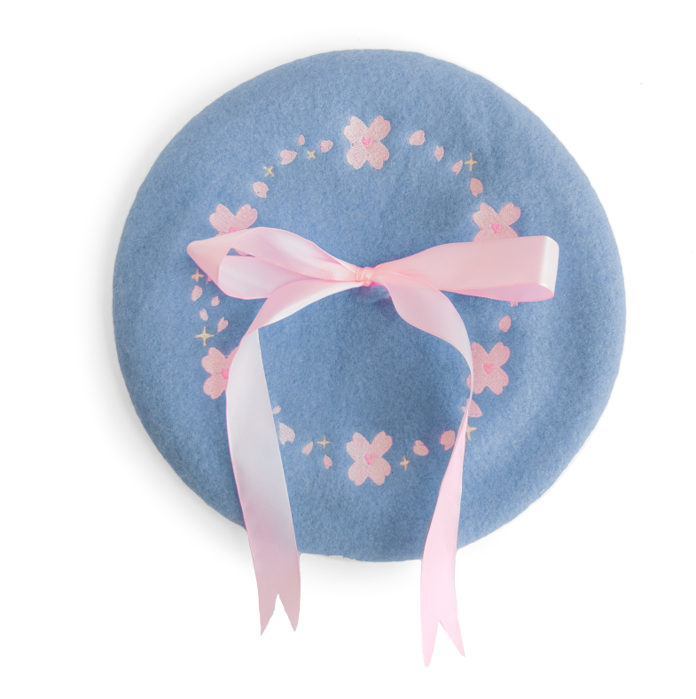 Sakura Cherry Blossom Embroidered Beret - Powder Blue