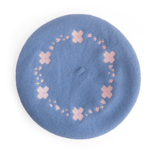 Sakura Cherry Blossom Embroidered Beret - Powder Blue