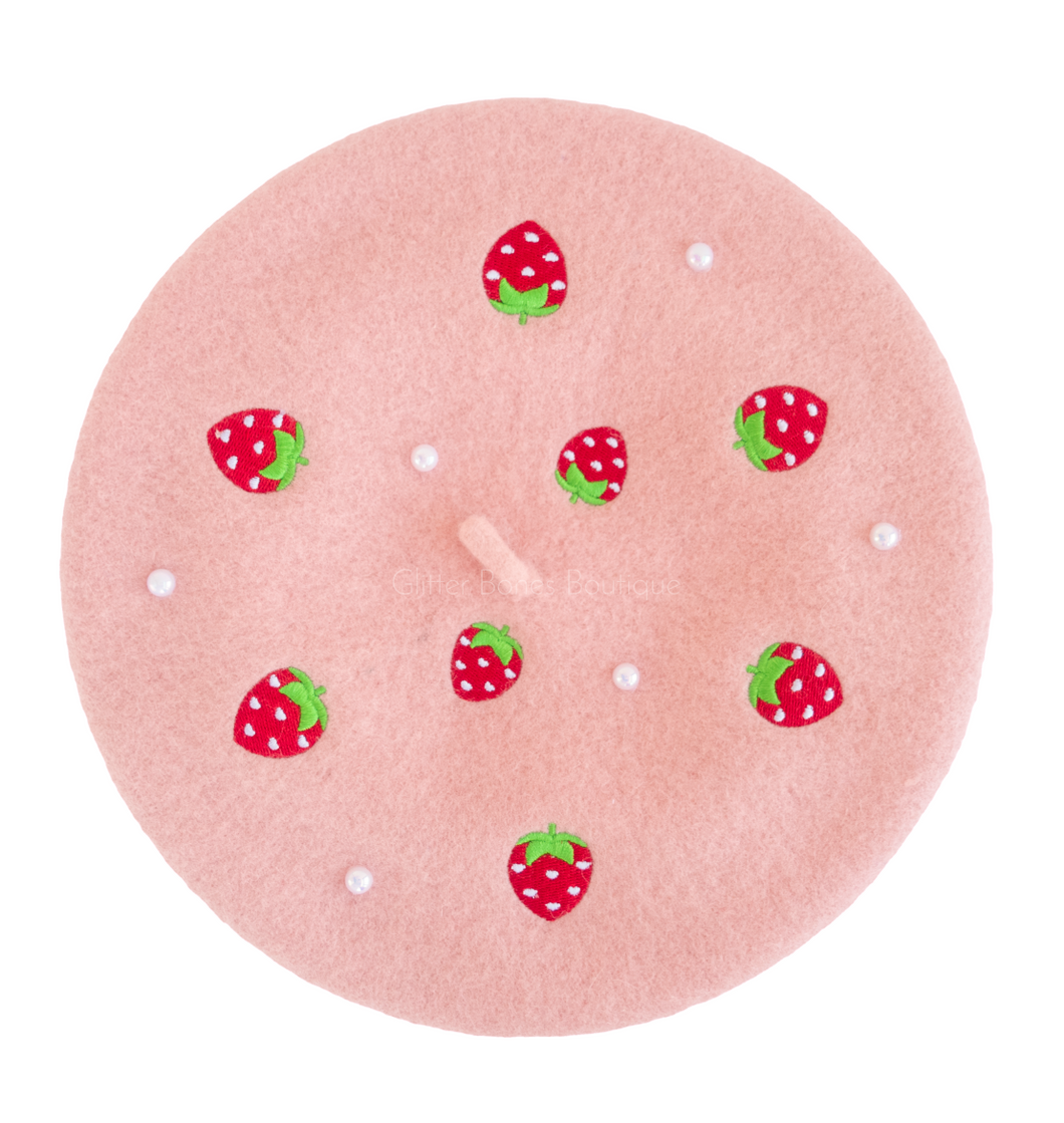 Strawberry Beret Embroidered With Pearls - MULTIPLE COLORS AVAILABLE