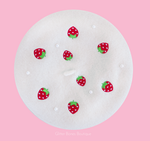 Strawberry Beret Embroidered With Pearls - MULTIPLE COLORS AVAILABLE